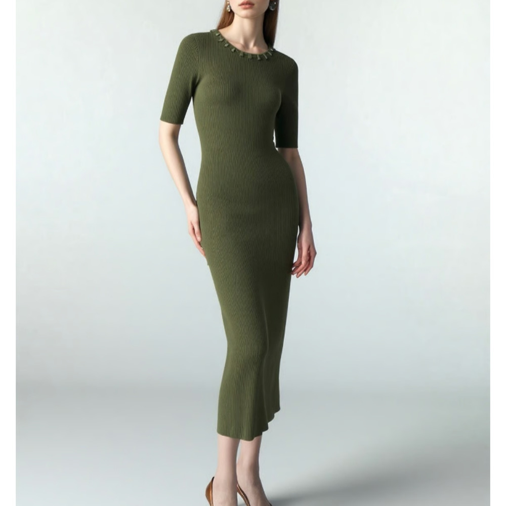 Camila Coelho Rib Knit Midi Dress Womens Size Medium Olive Green Stretch Bodycon